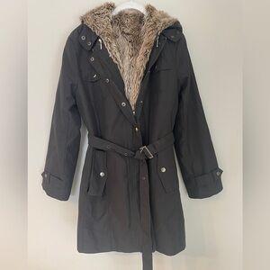 Black Weather Resistant Coat with Faux Fur Lining